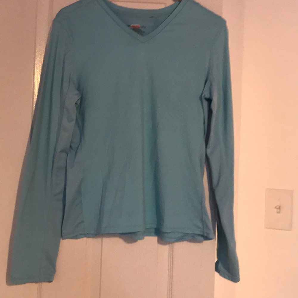 Danskin Robins Egg Blue Long Sleeve V High Neck Athletic Workout Shirt